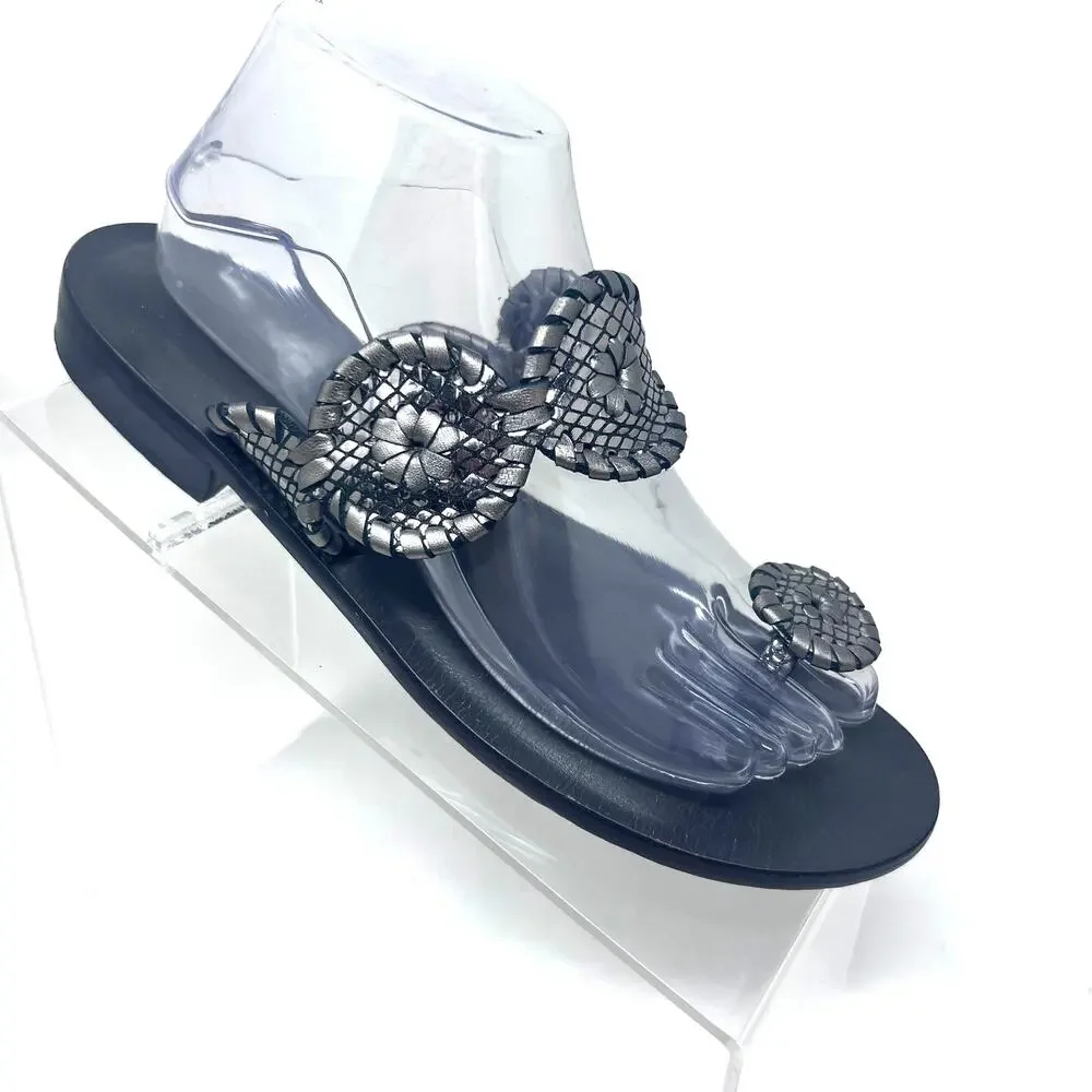 Jack Rogers Toe Ring Sandal Women's Size 9.5 Pewter Leather Slip On Flat - Picture 1 of 11